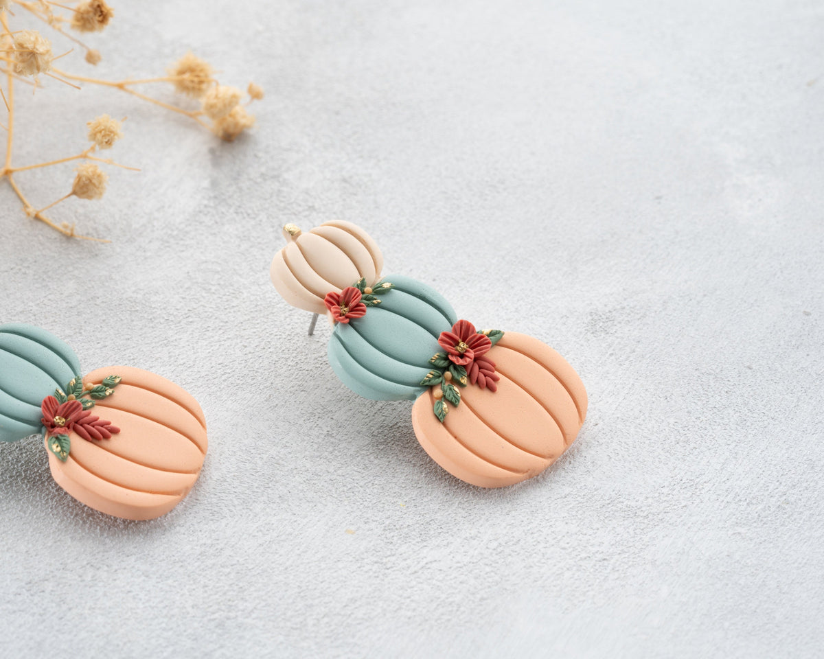 Stacked Pumpkin Stud Earrings with Flowers - Handmade polymer clay Autumn Jewelry