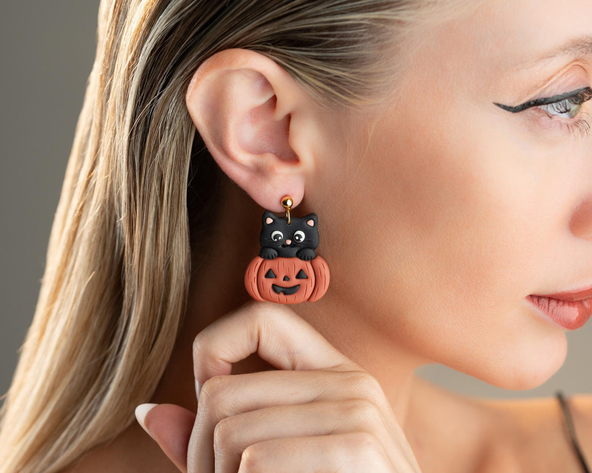 Black Cat in Pumpkin Earrings , Handmade Polymer Clay Halloween Jewelry , Cat lover gift