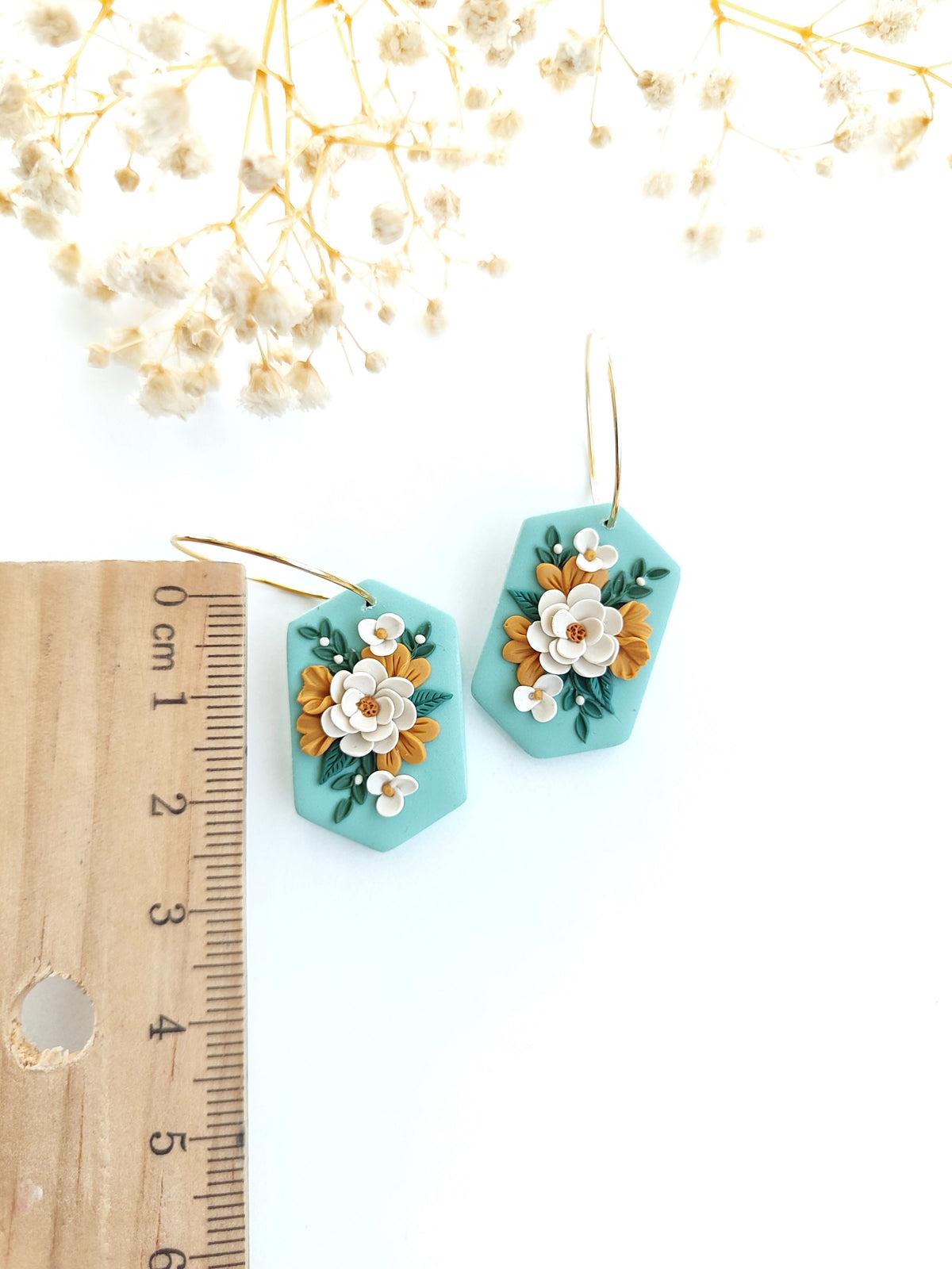 Handmade Floral Earrings , Mint Green 24K Gold Plated Hoops , Polymer Clay Jewelry