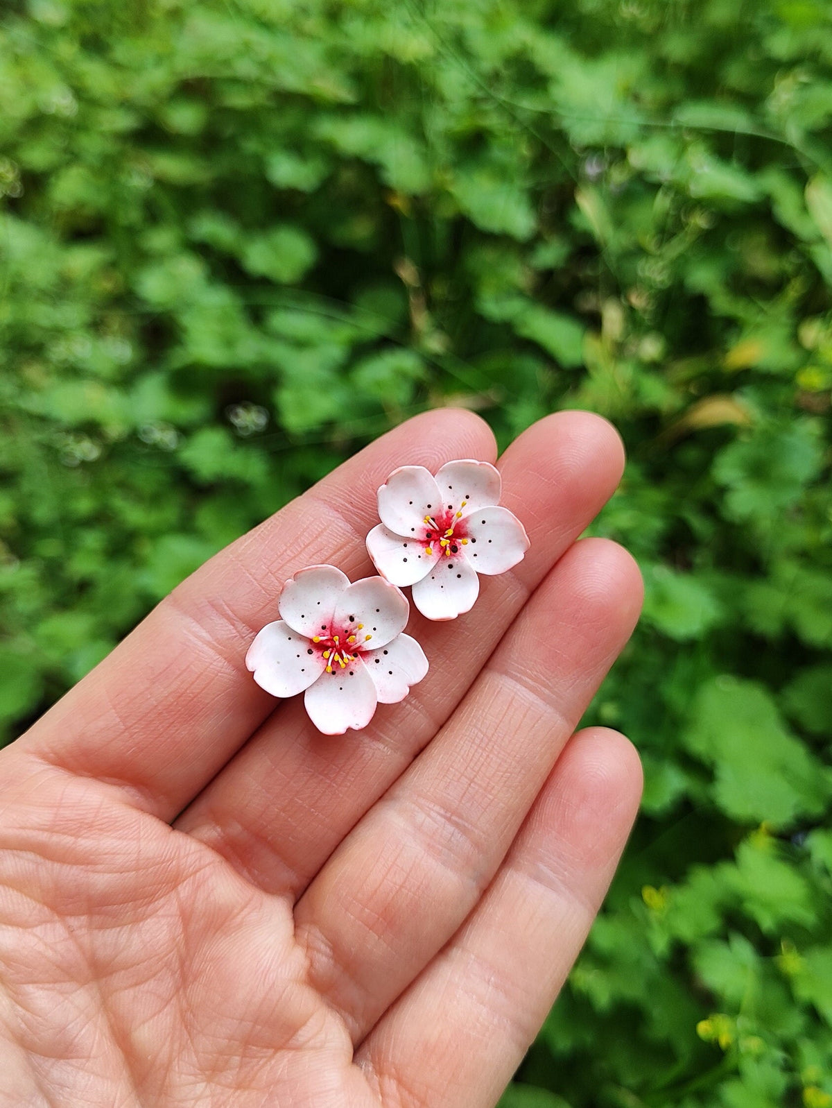 Handmade Polymer Clay Cherry Blossom Jewelry Set: Gold Plated Sakura Necklace & Stud Earrings
