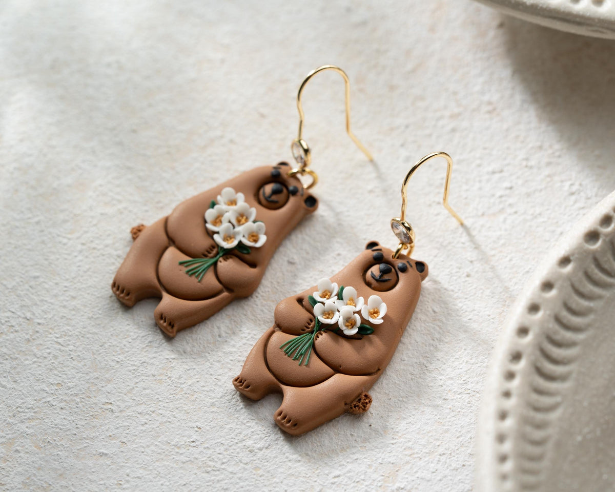 Bear Earrings with White Flowers - Handmade Polymer Clay Fall Jewelry