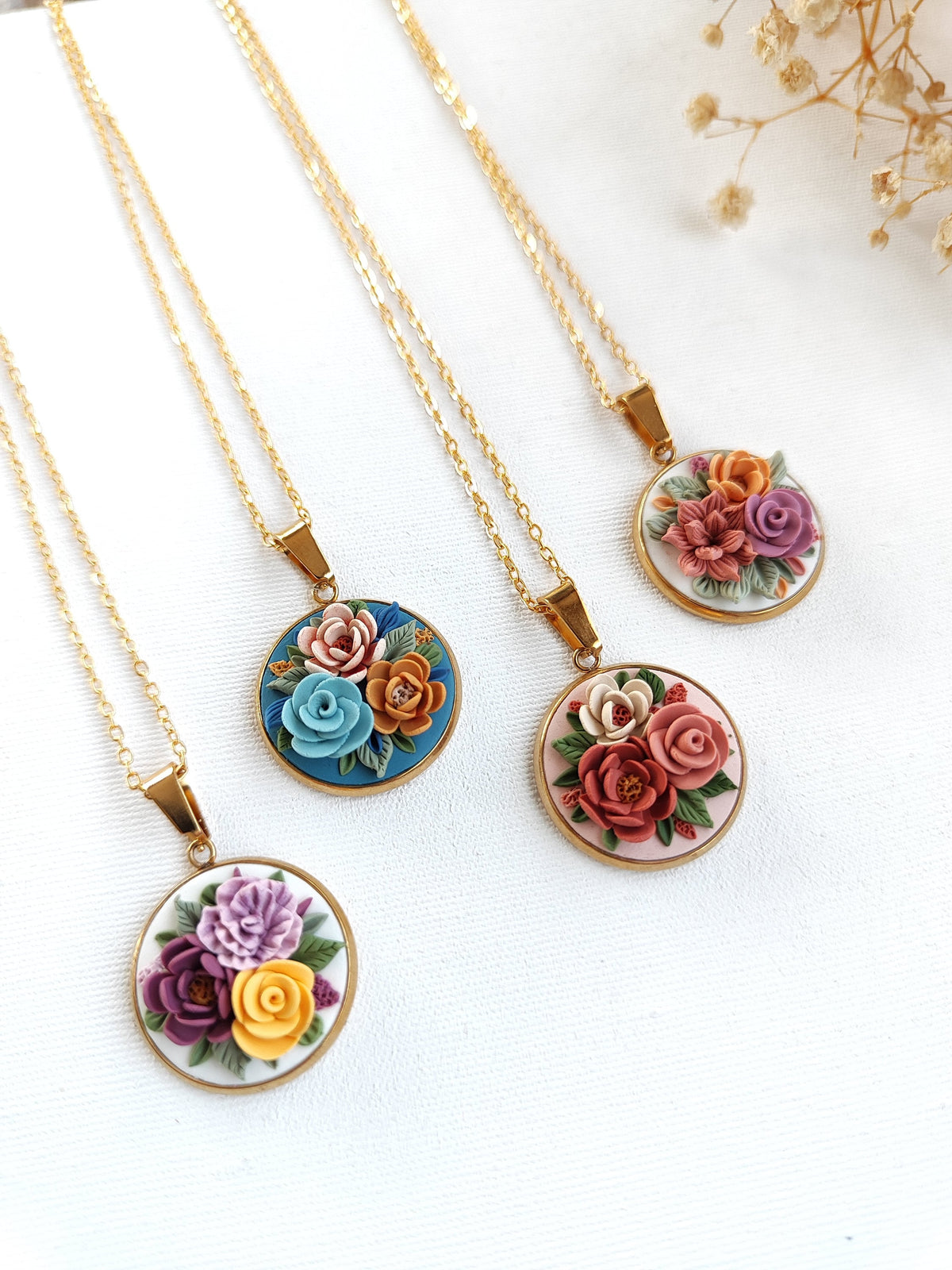 Floral bouquet necklace ,Mother's Day Gifts,Flower handmade jewelry,Gold plated necklace.Polymer clay Unique Necklace