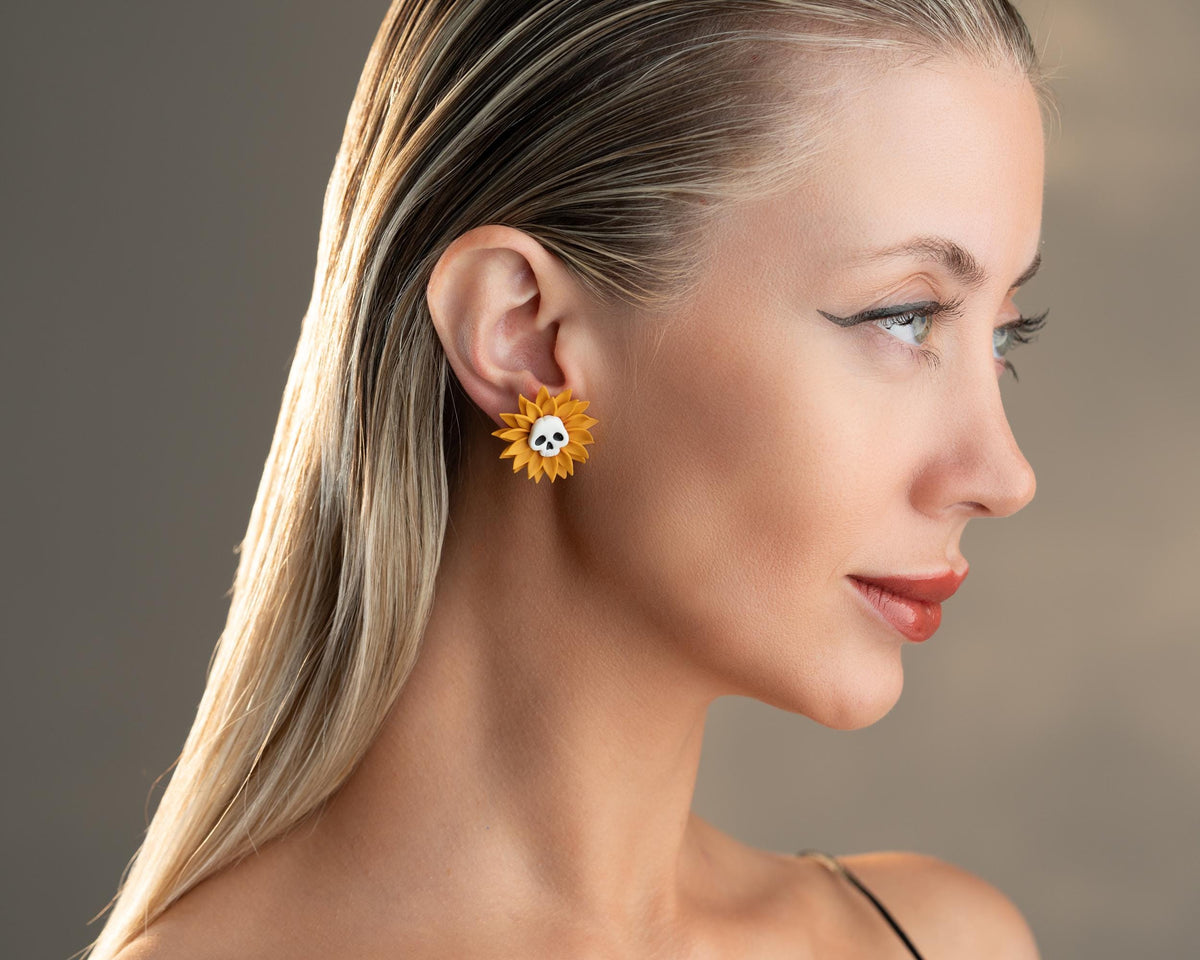 Sunflower Skull Earrings – Handmade Polymer Clay Halloween & Fall Jewelry
