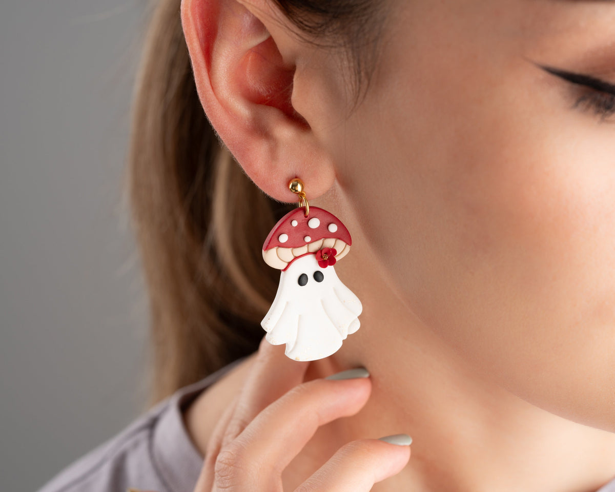 Mushroom Ghost Polymer Clay Earrings | Handmade Halloween Jewelry