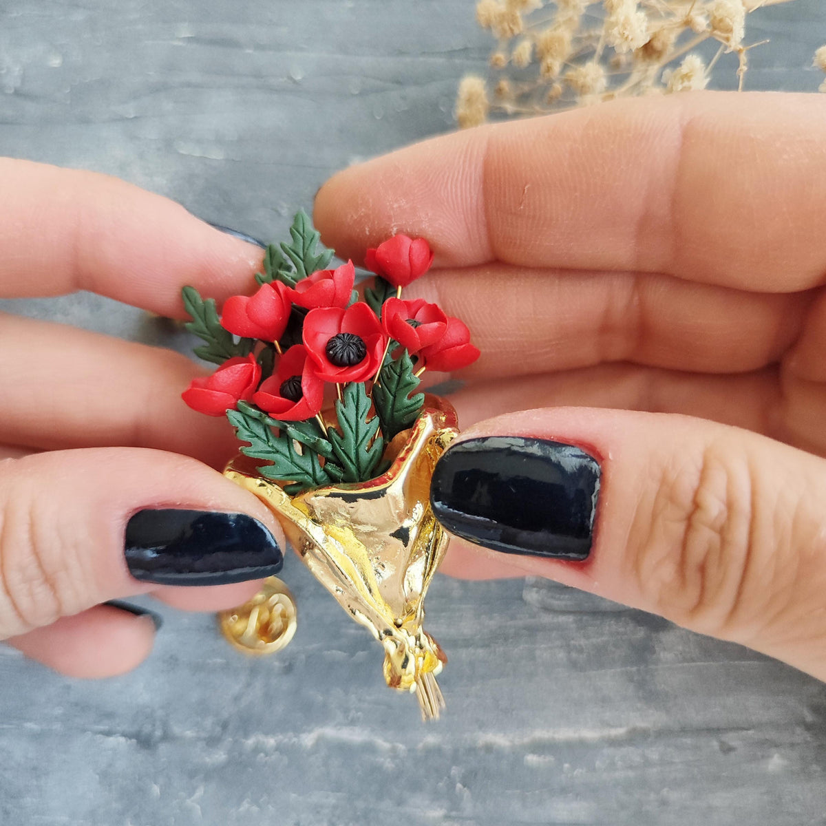 Poppy Bouquet Brooch , Handmade Polymer Clay Flower Pin , Red Poppies in Gold Bouquet Wrap