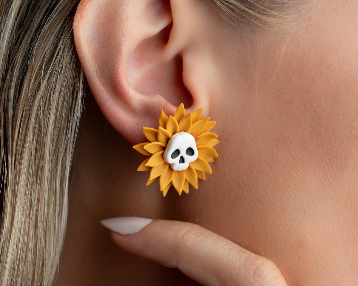 Sunflower Skull Earrings – Handmade Polymer Clay Halloween & Fall Jewelry