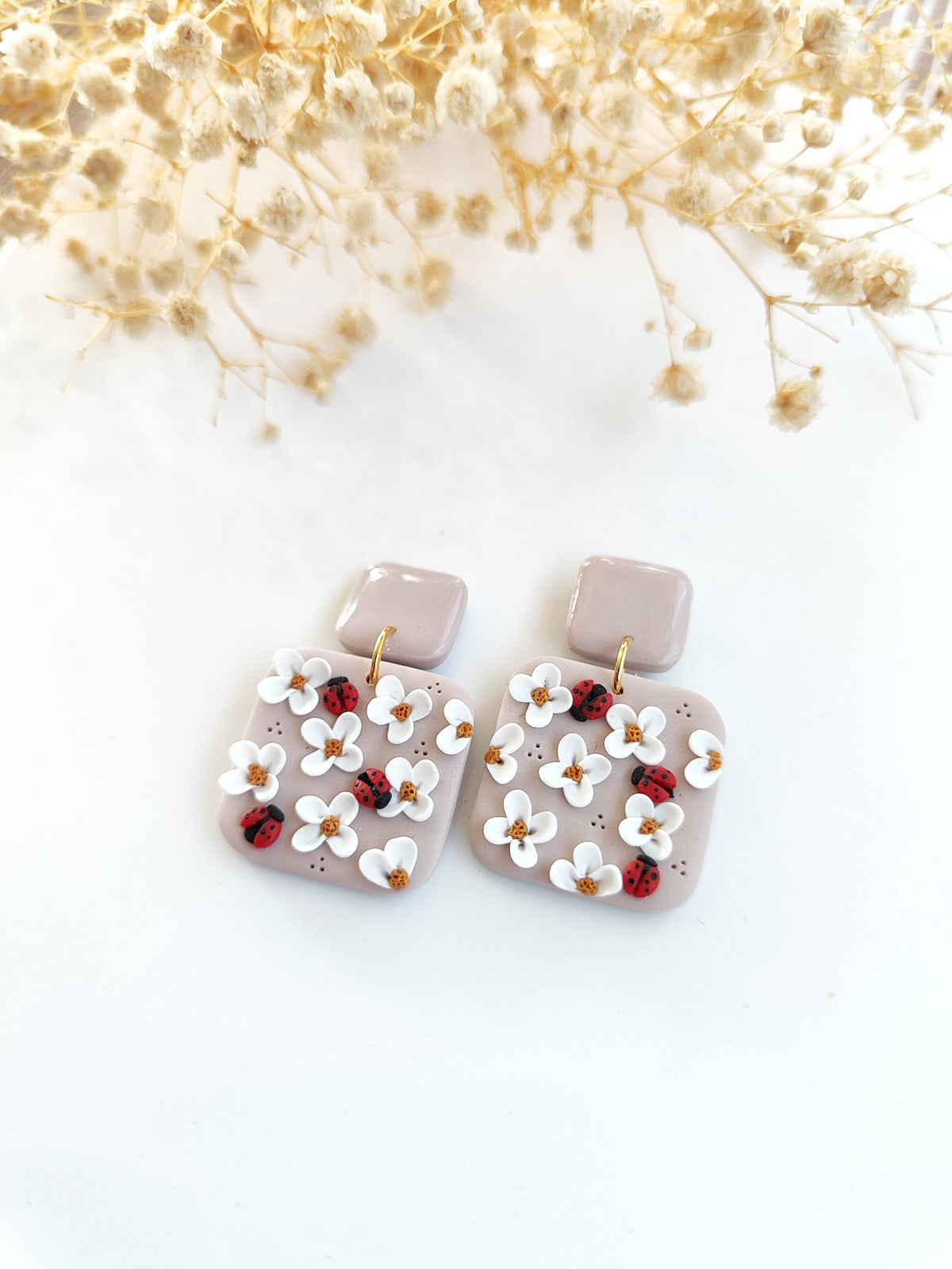 Ladybug and floral polymer clay earrings ,unique handmade earrings like spring,unique jewelry gift