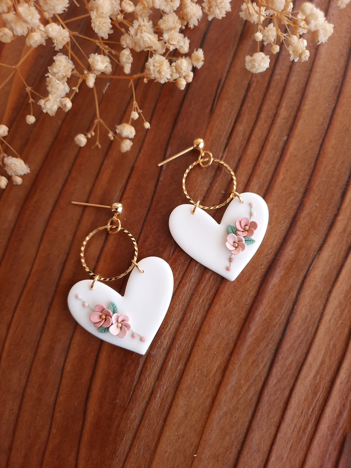 Floral Heart Dangle Earrings: Handmade Polymer Clay Jewelry