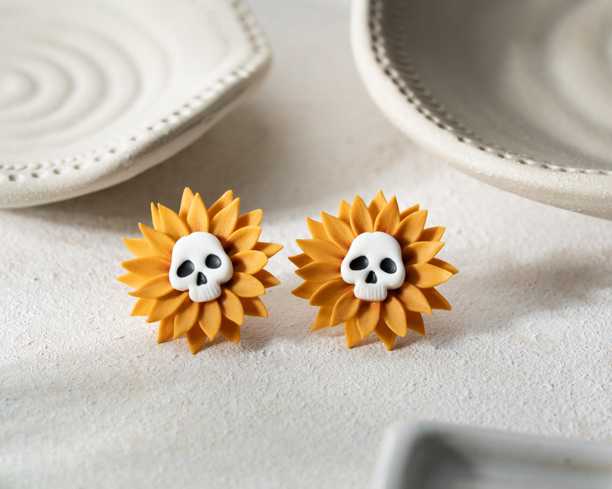 Sunflower Skull Earrings – Handmade Polymer Clay Halloween & Fall Jewelry