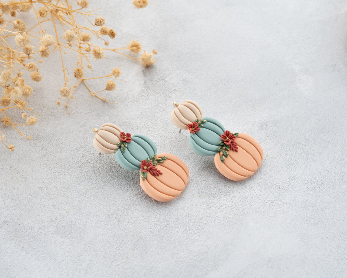 Stacked Pumpkin Stud Earrings with Flowers - Handmade polymer clay Autumn Jewelry