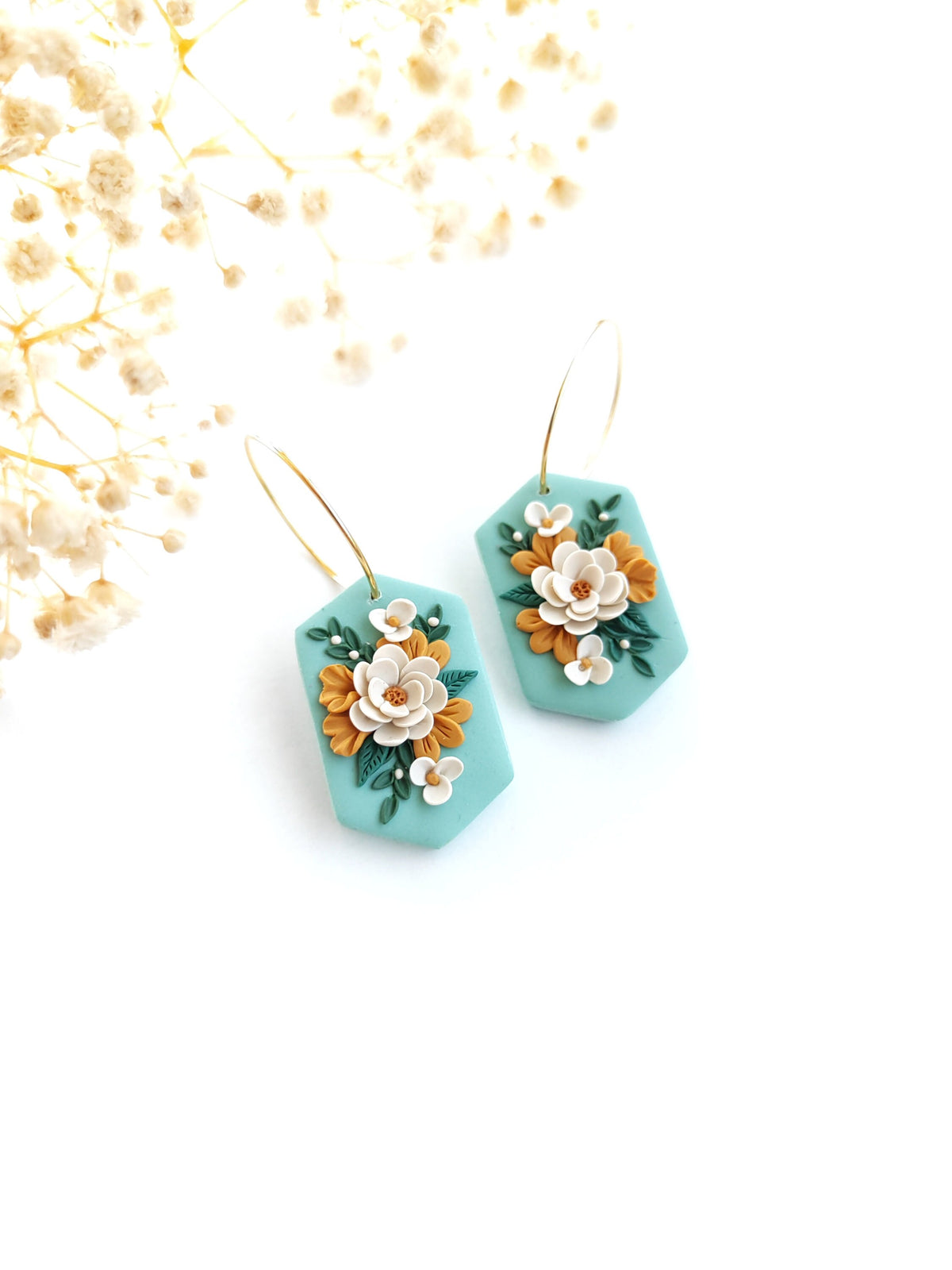 Handmade Floral Earrings , Mint Green 24K Gold Plated Hoops , Polymer Clay Jewelry