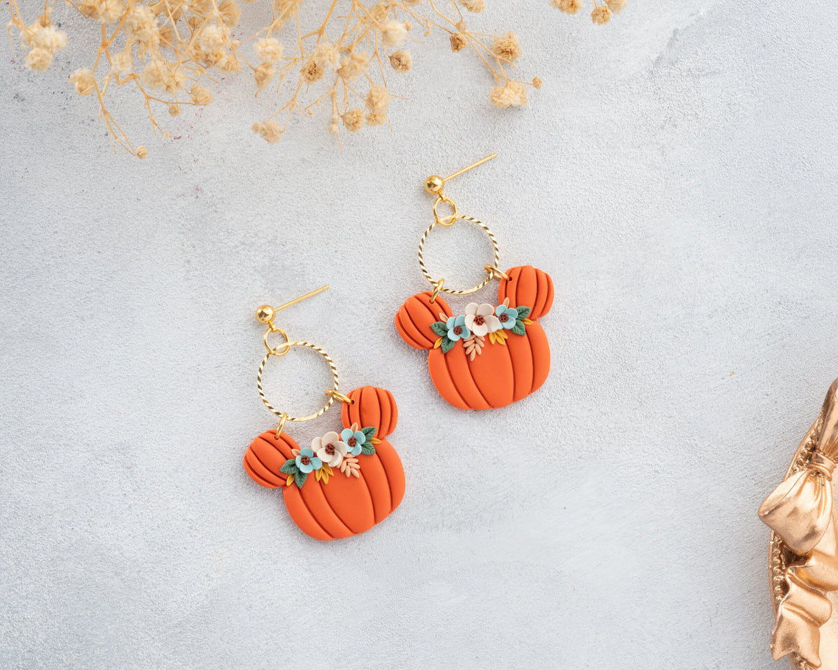 Floral Mickey Pumpkin earrings | Handmade Disney Halloween jewelry , whimsical Mouse Accessories