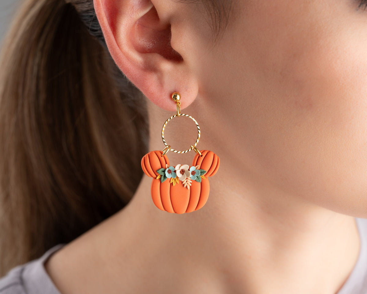 Floral Mickey Pumpkin earrings | Handmade Disney Halloween jewelry , whimsical Mouse Accessories
