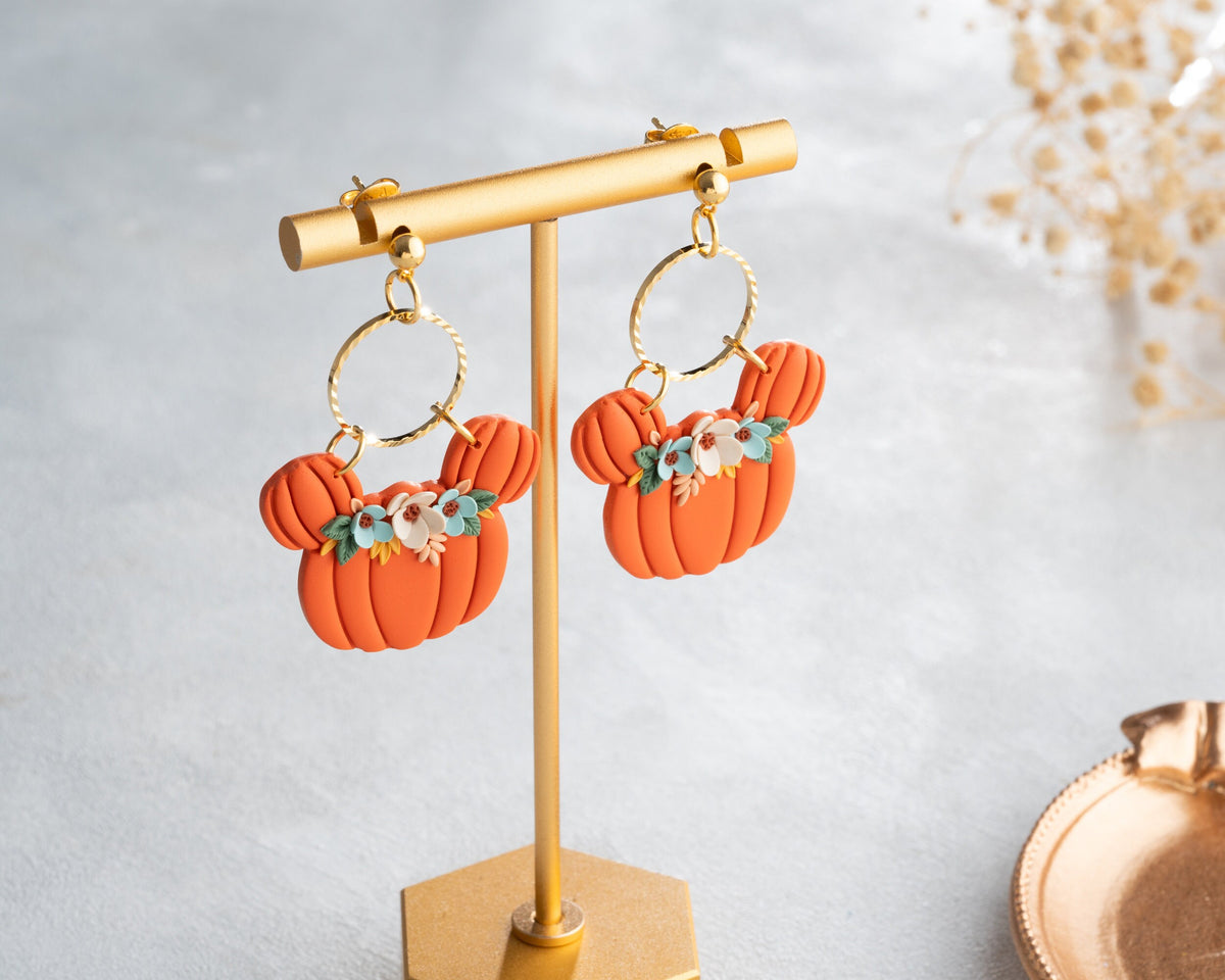 Floral Mickey Pumpkin earrings | Handmade Disney Halloween jewelry , whimsical Mouse Accessories