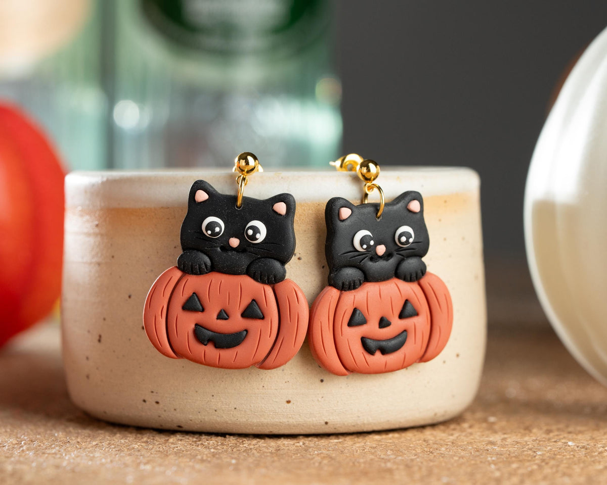 Black Cat in Pumpkin Earrings , Handmade Polymer Clay Halloween Jewelry , Cat lover gift