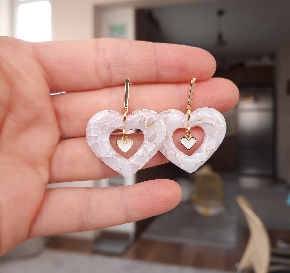 Handmade White Marble Heart Earrings: 24K Gold Plated Polymer Clay