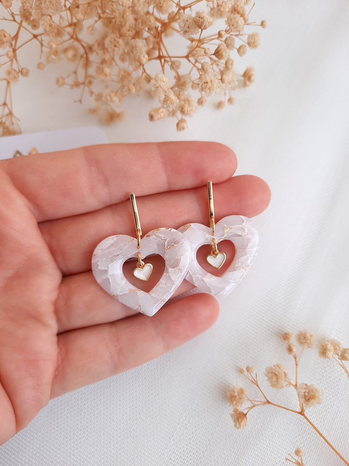 Handmade White Marble Heart Earrings: 24K Gold Plated Polymer Clay