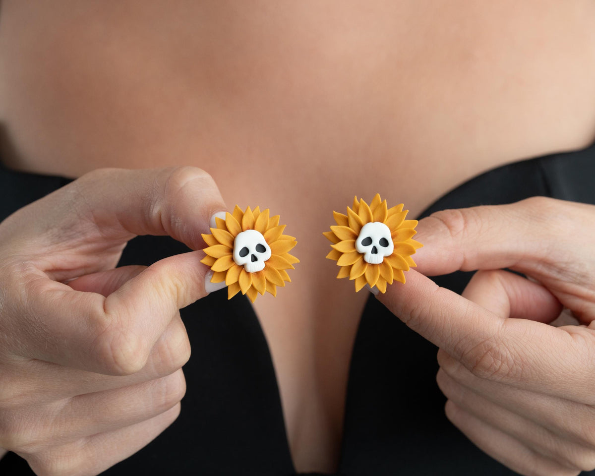 Sunflower Skull Earrings – Handmade Polymer Clay Halloween & Fall Jewelry