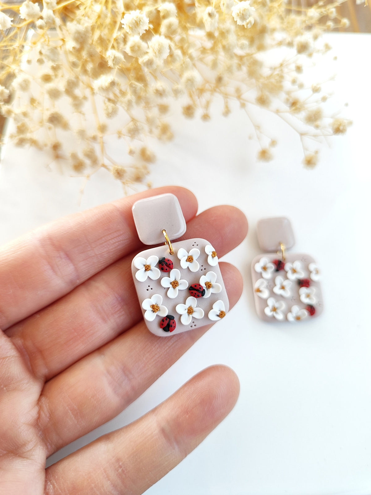 Ladybug and floral polymer clay earrings ,unique handmade earrings like spring,unique jewelry gift