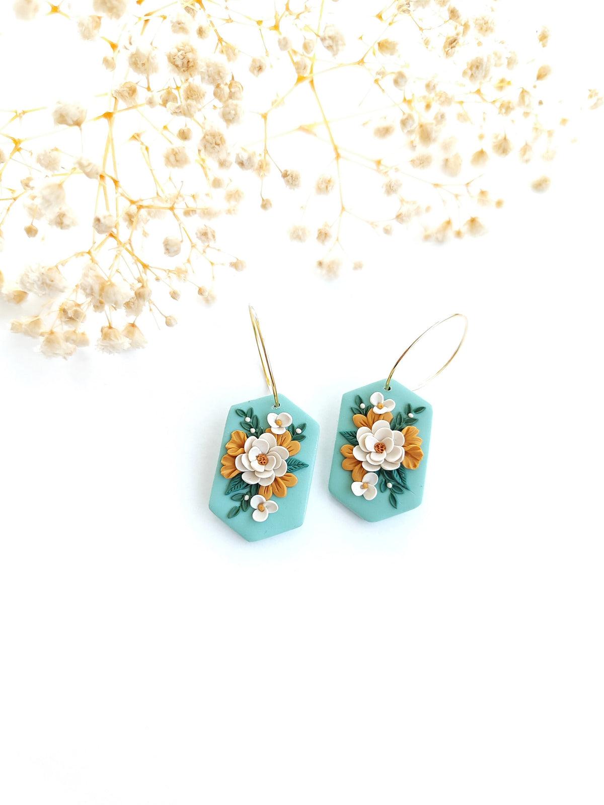 Handmade Floral Earrings , Mint Green 24K Gold Plated Hoops , Polymer Clay Jewelry