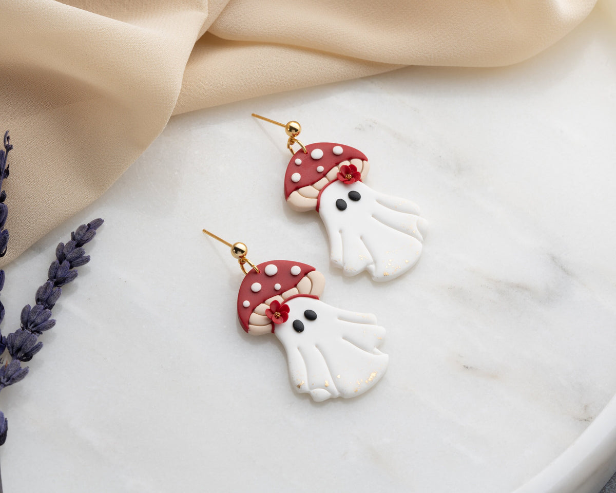 Mushroom Ghost Polymer Clay Earrings | Handmade Halloween Jewelry