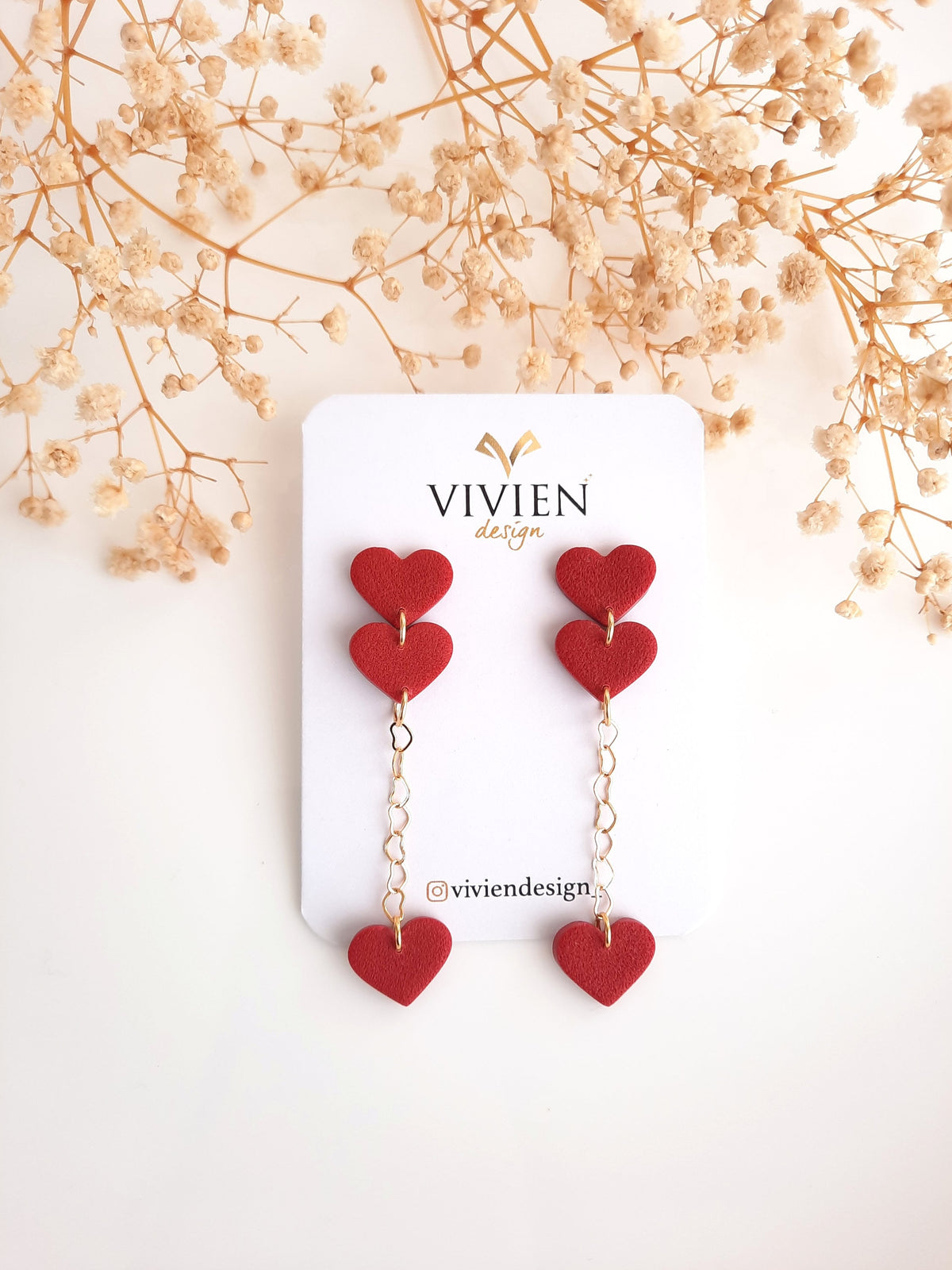 Red Heart Dangle Earrings: 24k Gold Plated Chain, Handmade Polymer Clay