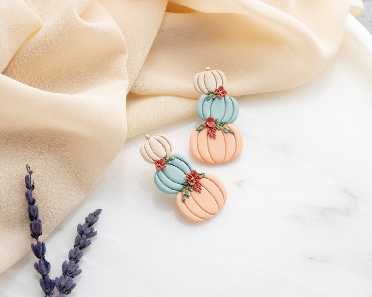 Stacked Pumpkin Stud Earrings with Flowers - Handmade polymer clay Autumn Jewelry