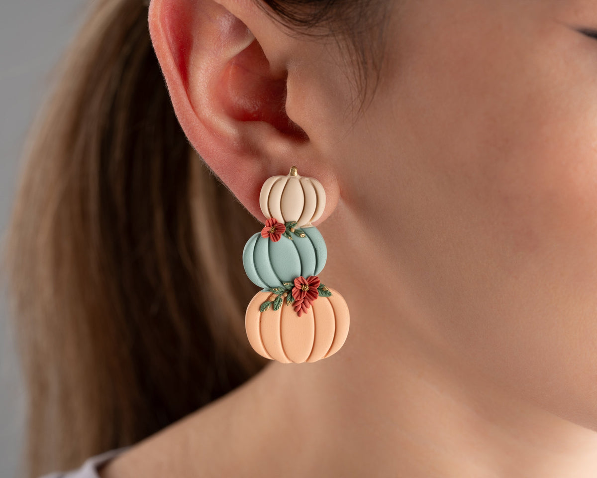 Stacked Pumpkin Stud Earrings with Flowers - Handmade polymer clay Autumn Jewelry
