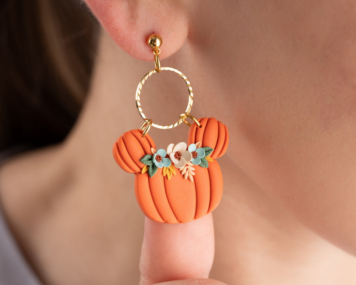 Floral Mickey Pumpkin earrings | Handmade Disney Halloween jewelry , whimsical Mouse Accessories