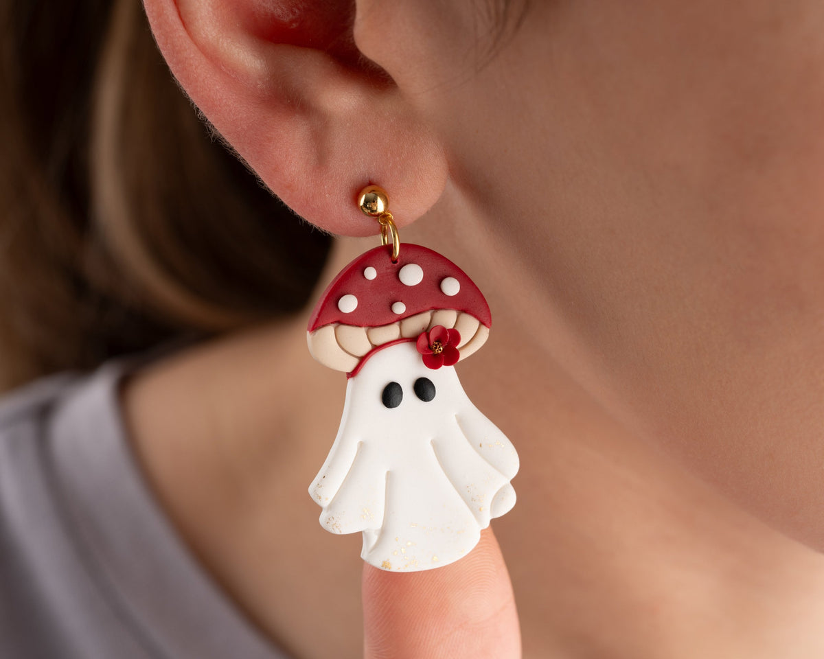 Mushroom Ghost Polymer Clay Earrings | Handmade Halloween Jewelry