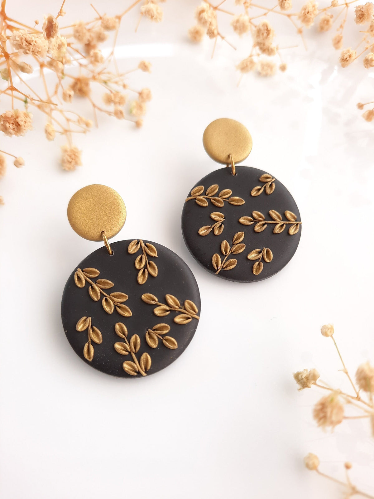 Floral Polymer Clay Earrings: Black & Antique Gold, Hypoallergenic