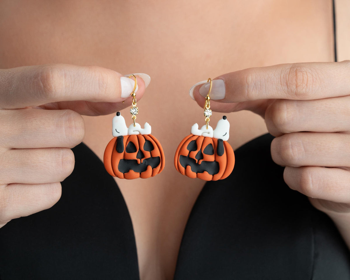 Snoopy Pumpkin Earrings , Peanuts Snoopy Halloween Jewelry , Spooky Polymer clay Accessories