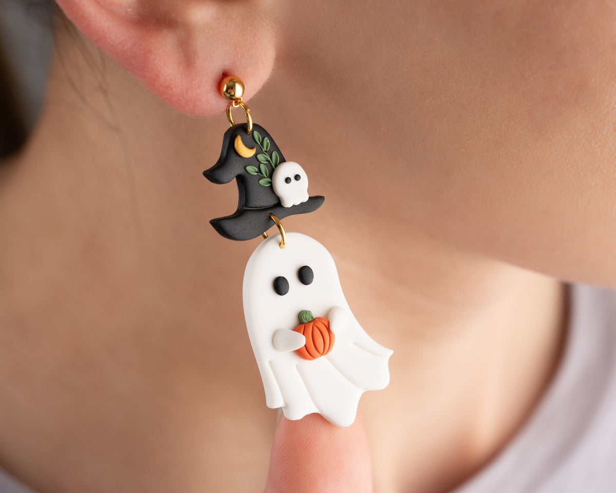 Ghost witch Earrings , Handmade Halloween earrings , Polymer clay spooky jewelry , whimsical Accessories
