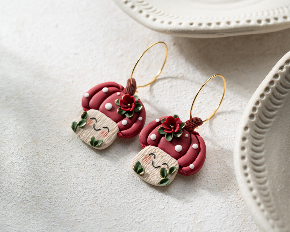 Kawaii Pumpkin Mushroom Earrings: Handmade Polymer Clay Halloween Jewelry