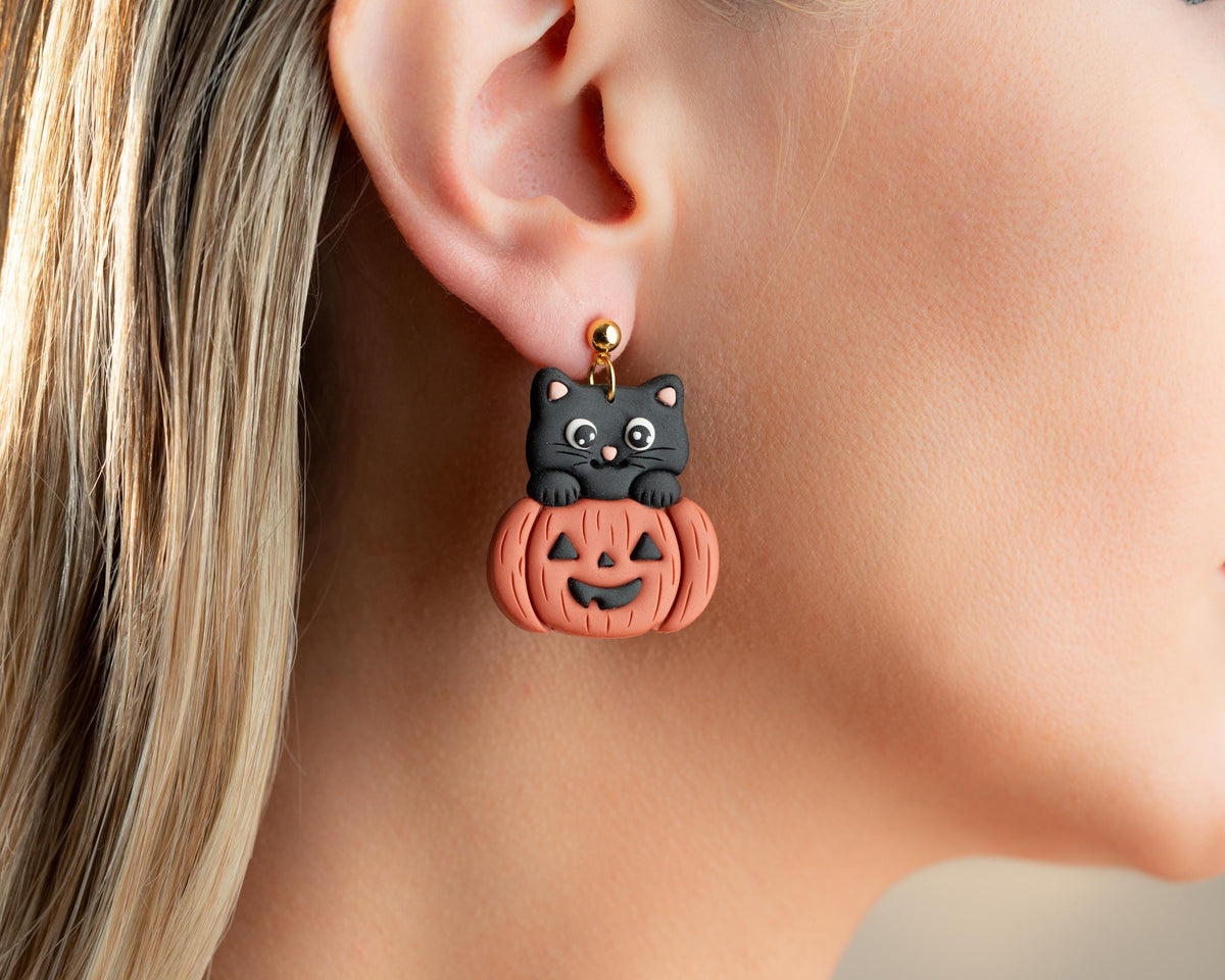 Black Cat in Pumpkin Earrings , Handmade Polymer Clay Halloween Jewelry , Cat lover gift