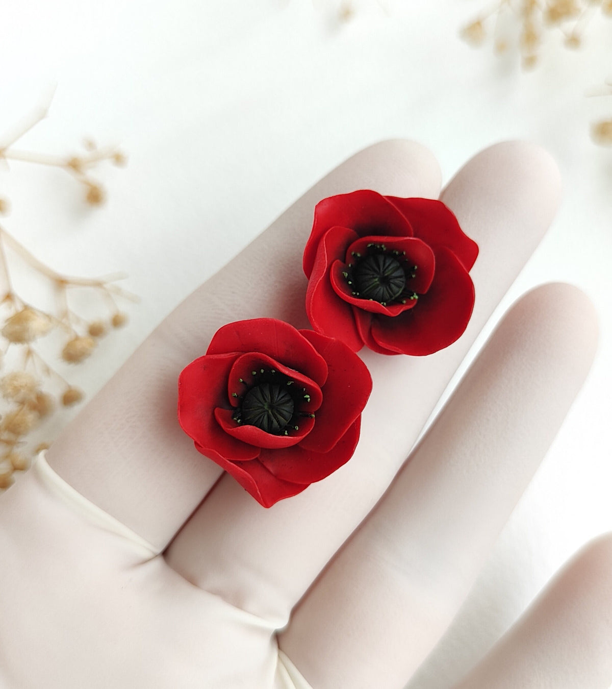 Poppy blossom stud earrings , poppy flower handmade polymer clay earrings,gift jewelry