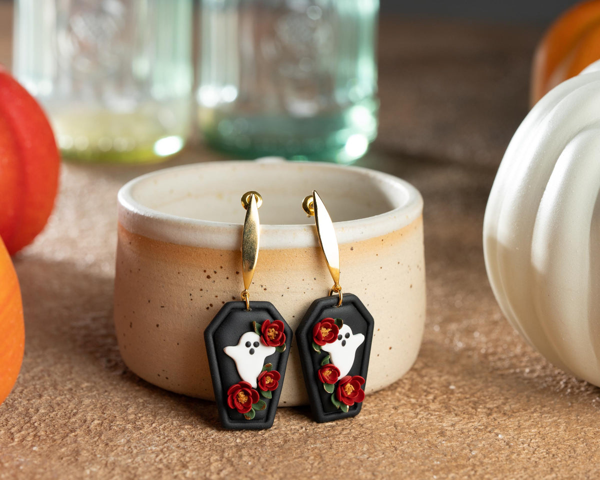 Floral Ghost Coffin Earrings , Handmade polymer clay Gothic Halloween spooky Jewelry