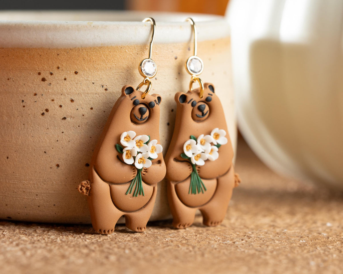 Bear Earrings with White Flowers - Handmade Polymer Clay Fall Jewelry