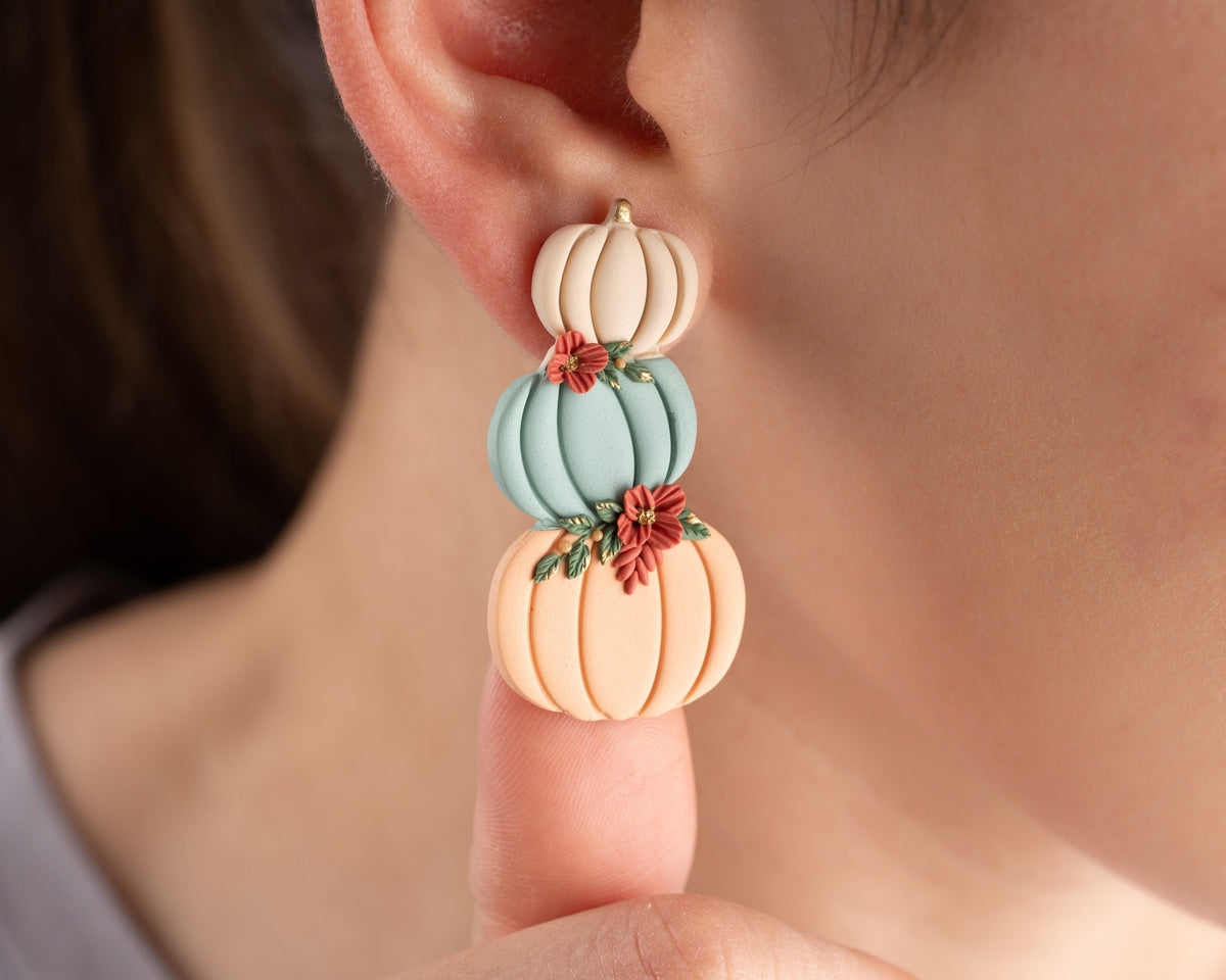 Stacked Pumpkin Stud Earrings with Flowers - Handmade polymer clay Autumn Jewelry