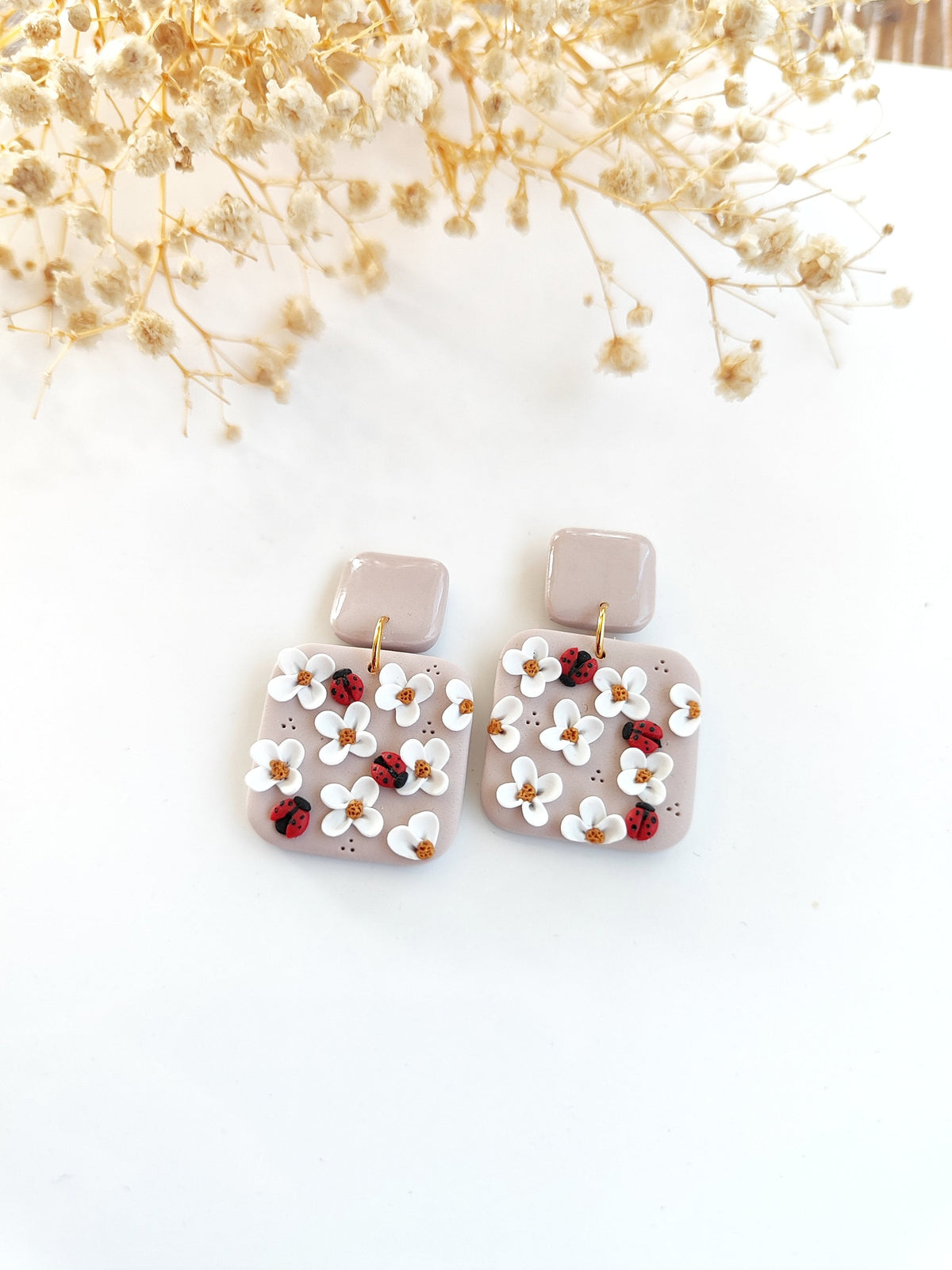 Ladybug and floral polymer clay earrings ,unique handmade earrings like spring,unique jewelry gift