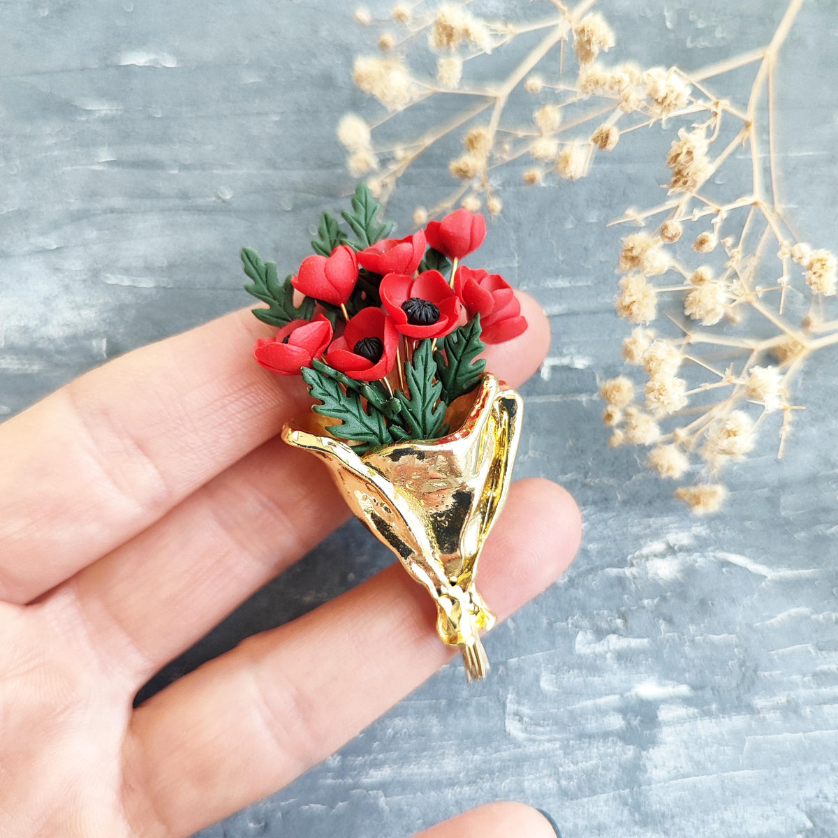 Poppy Bouquet Brooch , Handmade Polymer Clay Flower Pin , Red Poppies in Gold Bouquet Wrap
