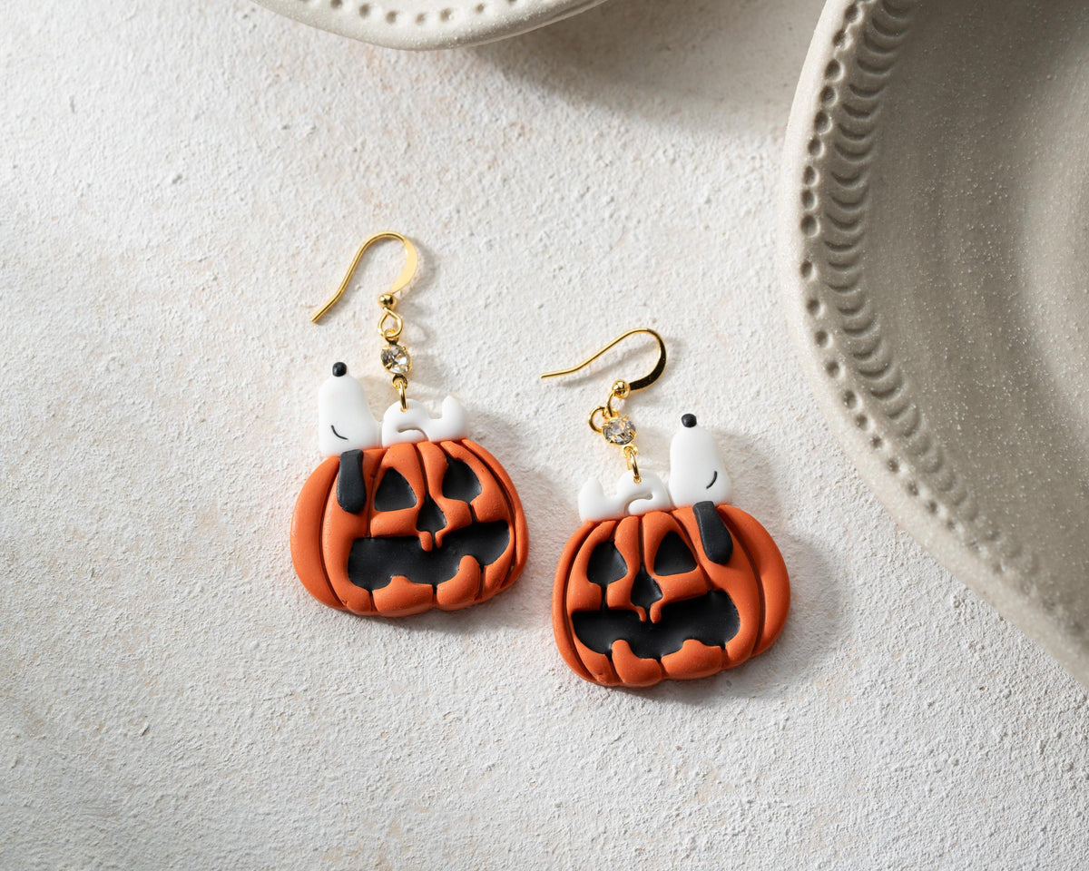 Snoopy Pumpkin Earrings , Peanuts Snoopy Halloween Jewelry , Spooky Polymer clay Accessories