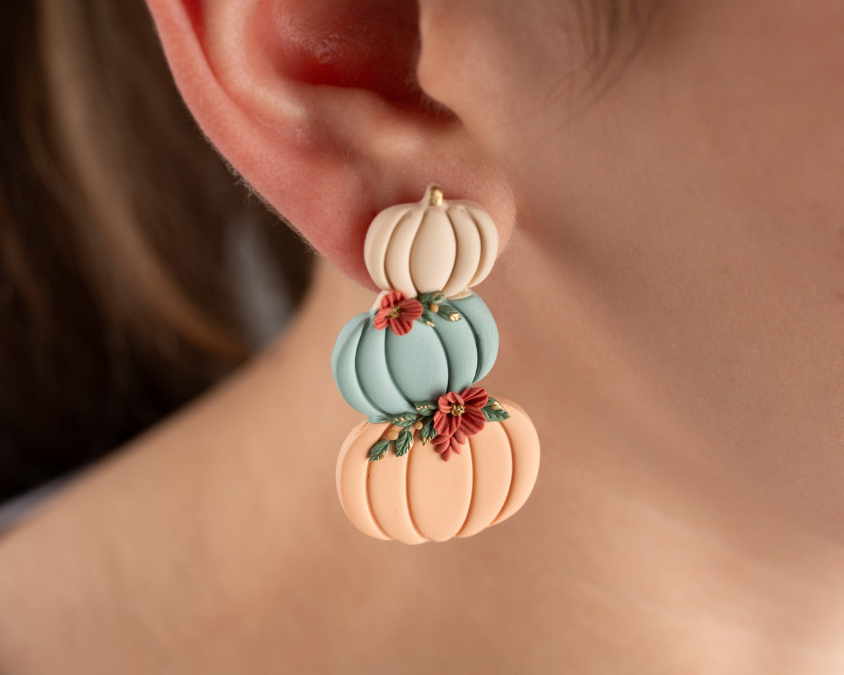 Stacked Pumpkin Stud Earrings with Flowers - Handmade polymer clay Autumn Jewelry
