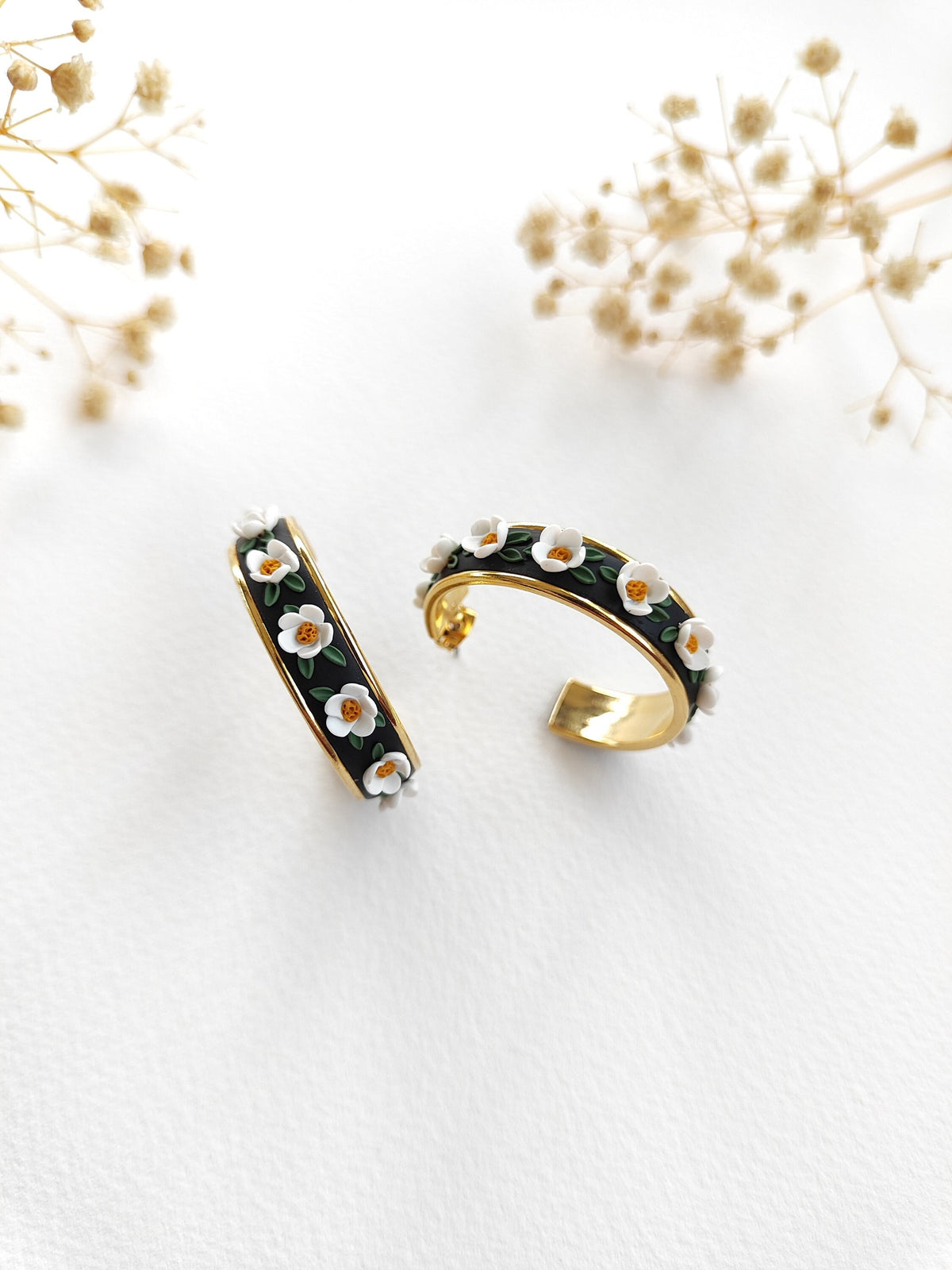 White floral hoop earrings,18 k Gold plated handmade clay earrings,Natural jewelry,gift unique jewelry