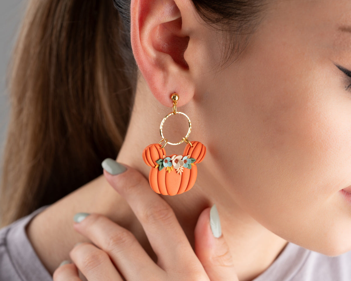 Floral Mickey Pumpkin earrings | Handmade Disney Halloween jewelry , whimsical Mouse Accessories