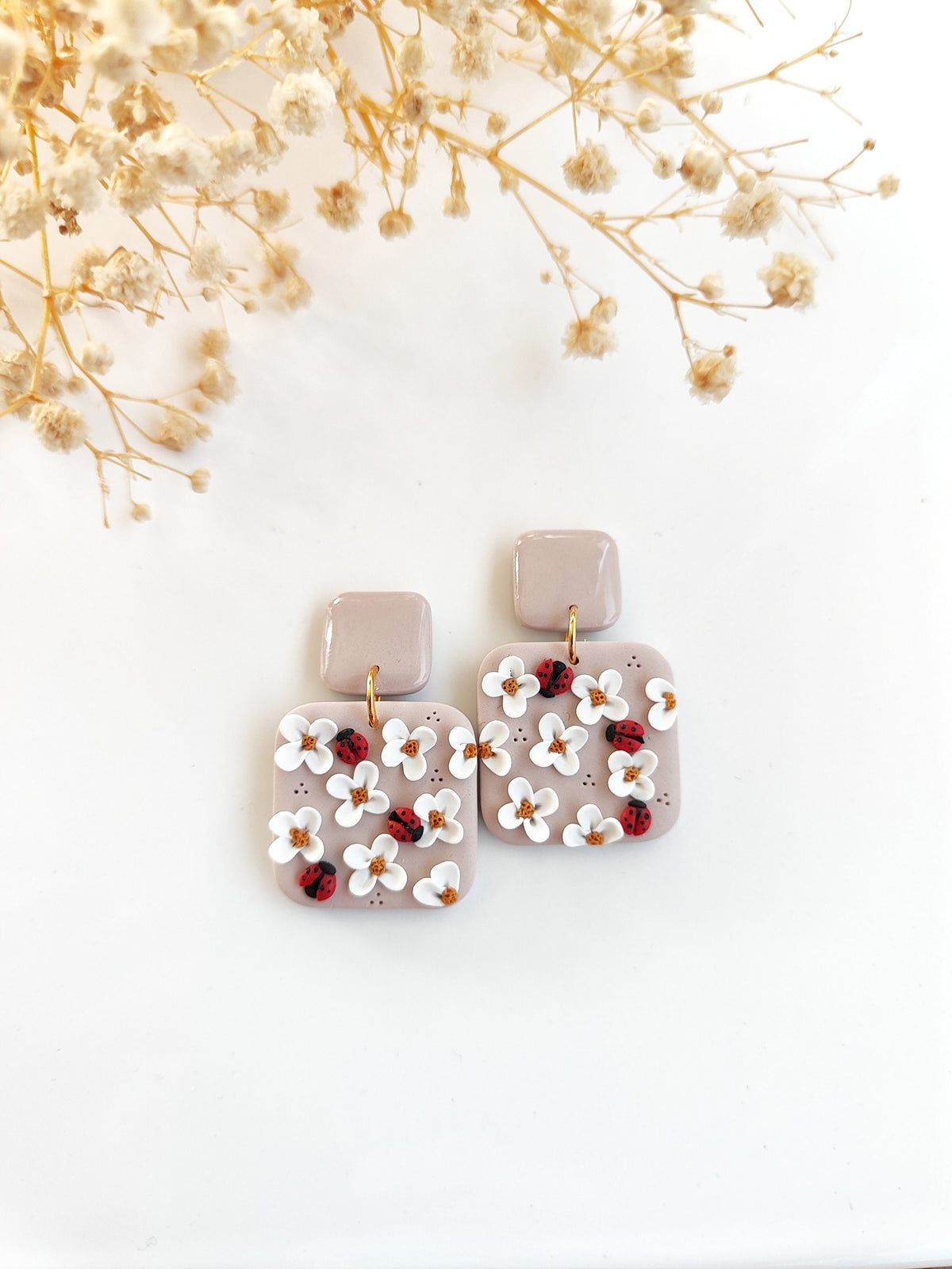 Ladybug and floral polymer clay earrings ,unique handmade earrings like spring,unique jewelry gift
