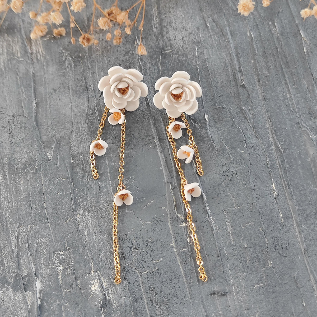 White Floral Dangle Earrings, Handmade Flower Polymer clay Earrings with Gold Chain, Romantic Jewelry , Boho Chic Polymer Clay Accessories