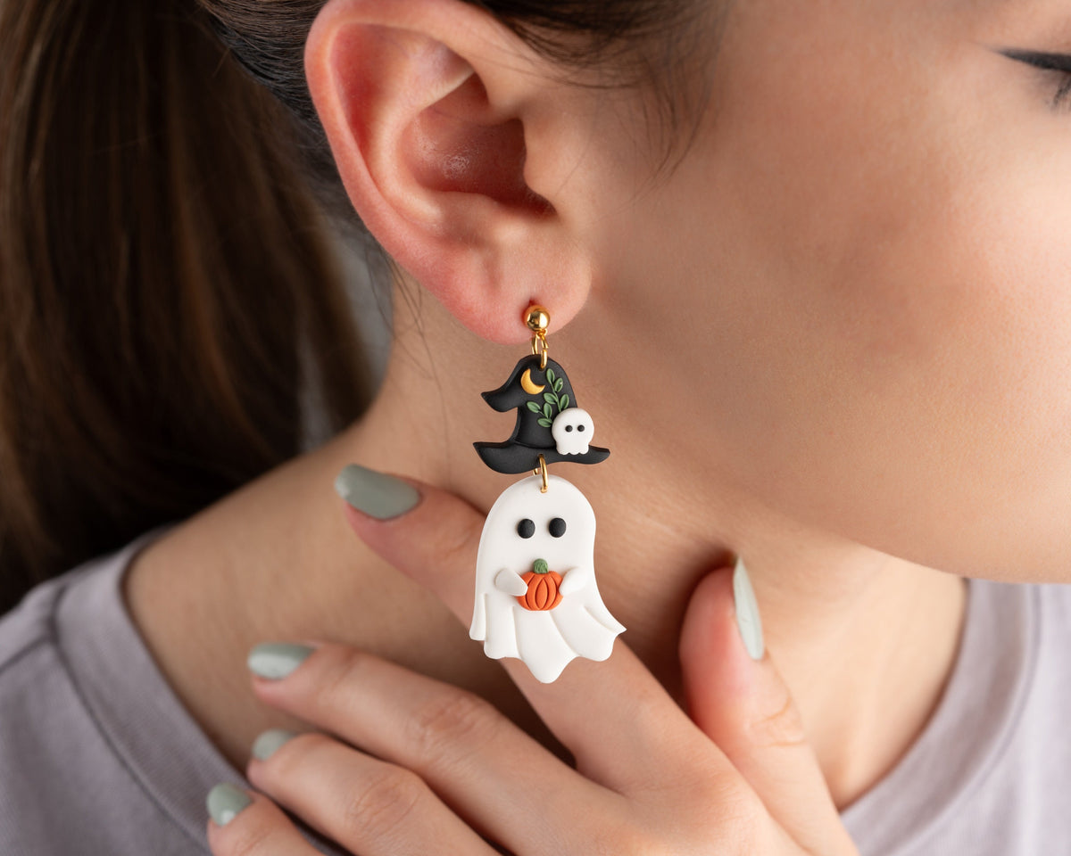 Ghost witch Earrings , Handmade Halloween earrings , Polymer clay spooky jewelry , whimsical Accessories
