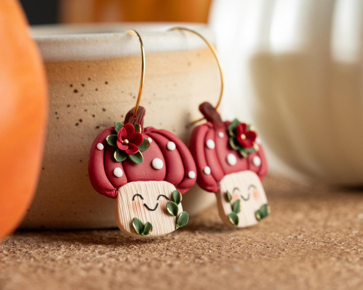 Kawaii Pumpkin Mushroom Earrings: Handmade Polymer Clay Halloween Jewelry