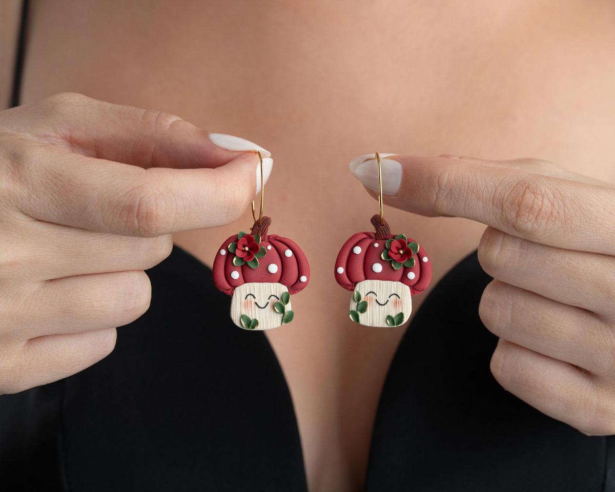 Kawaii Pumpkin Mushroom Earrings: Handmade Polymer Clay Halloween Jewelry
